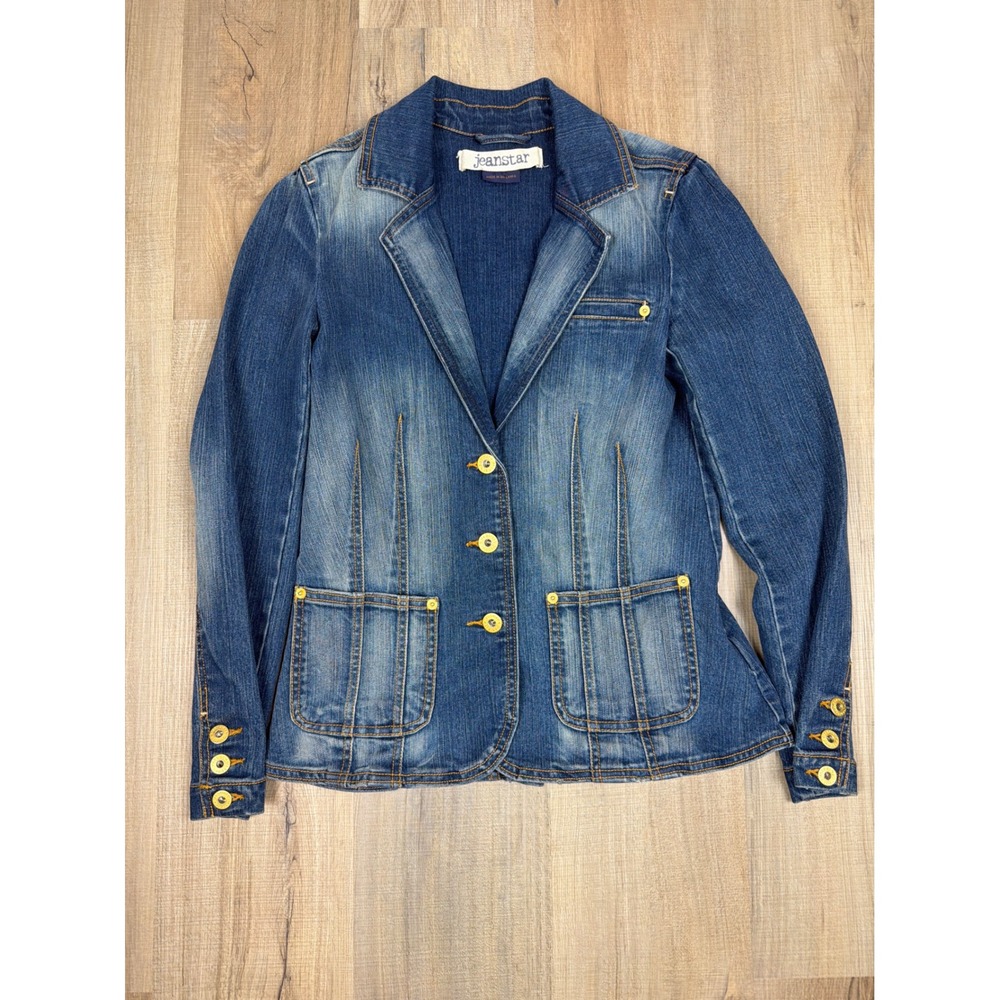 Vintage Jeanstar Y2K Denim Trucker Blazer Blue Star Embroidery Puff Sleeve Med